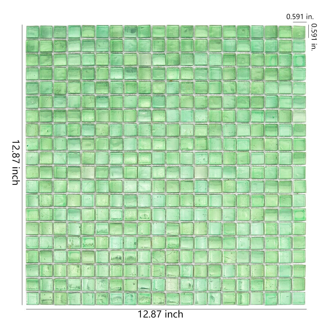 Bright green square glass mosaic tile sheet with size details