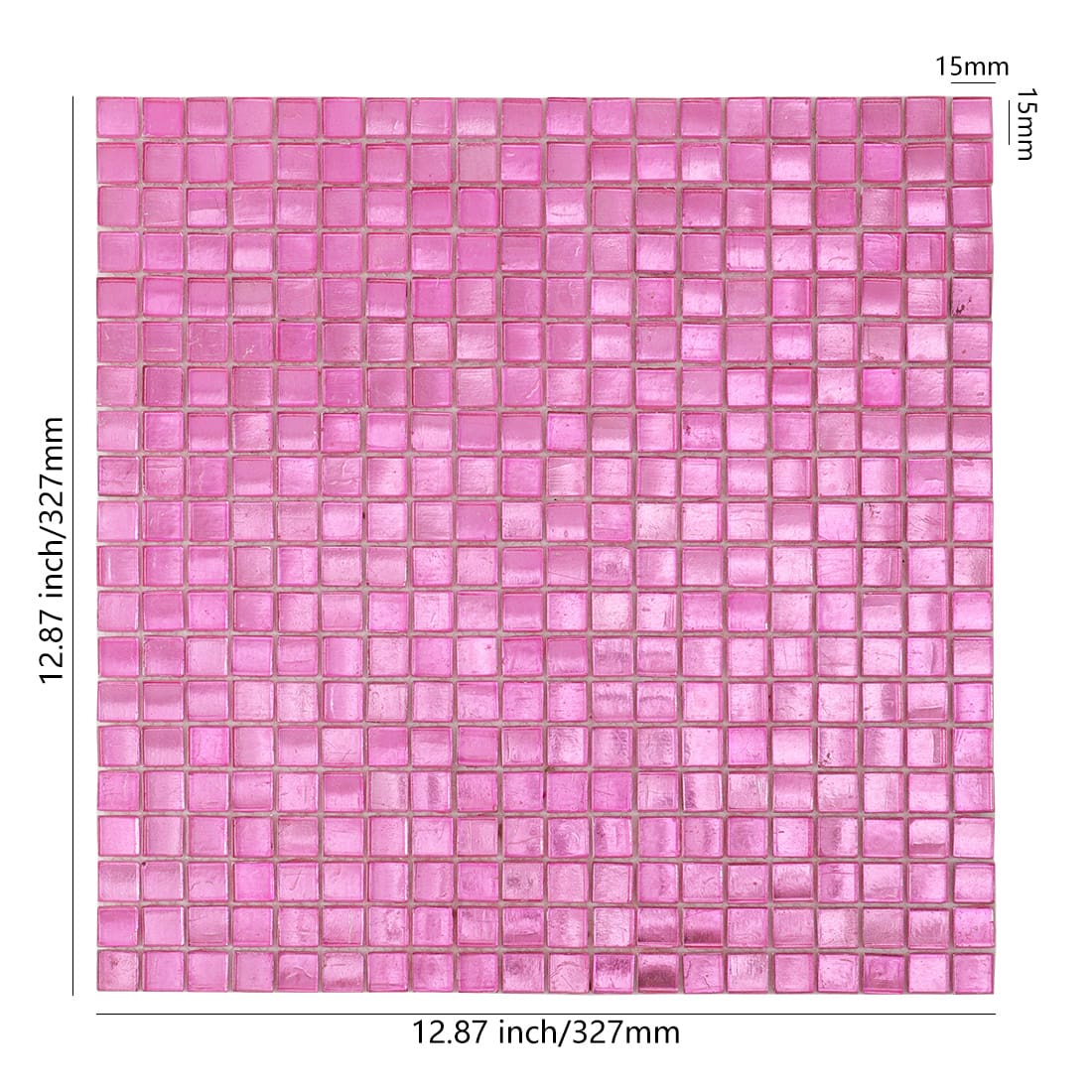 Bright pink foil-backed square glass mosaic sheet with size details