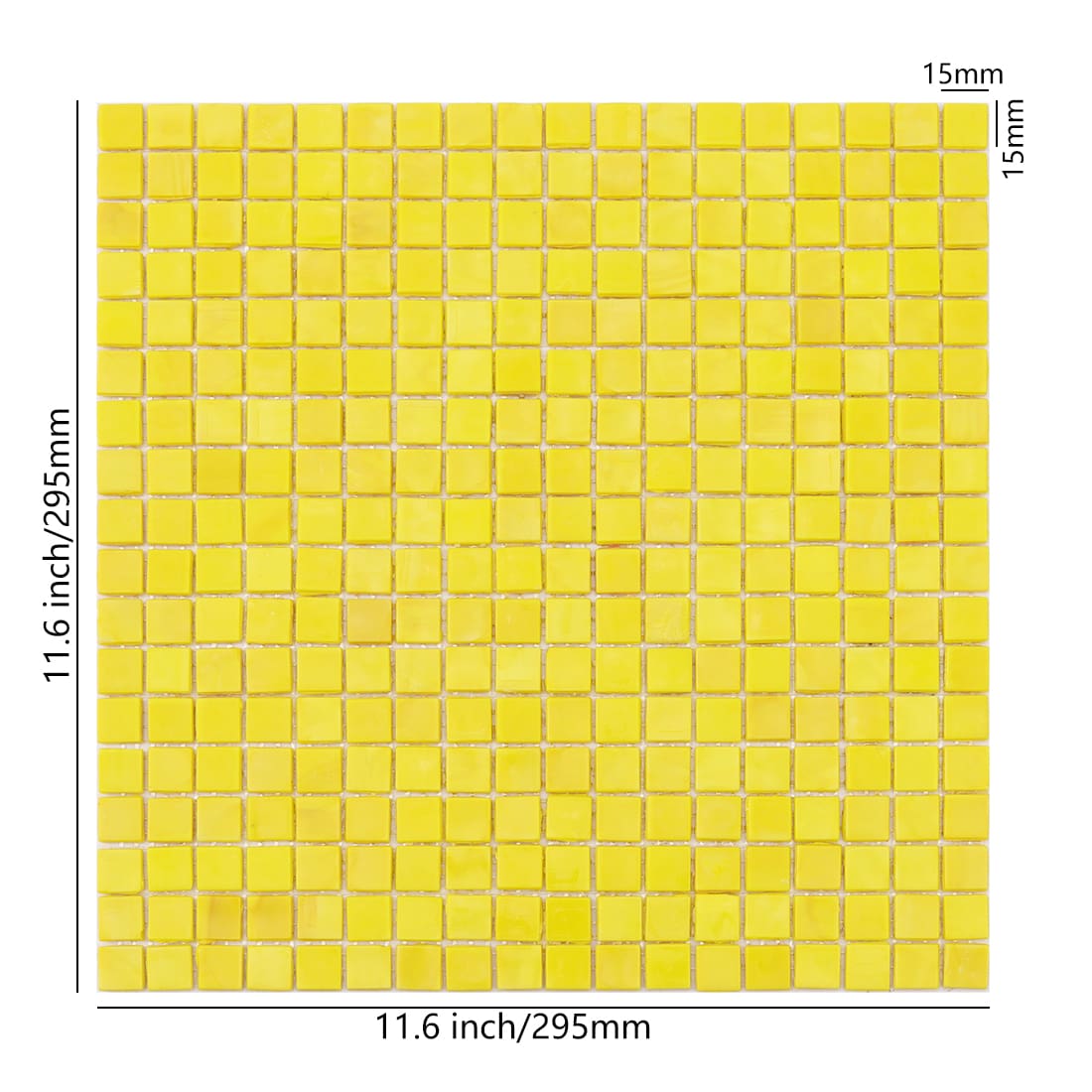 11.6 inch square bright yellow mosaic tile sheet with 15mm individual tiles.