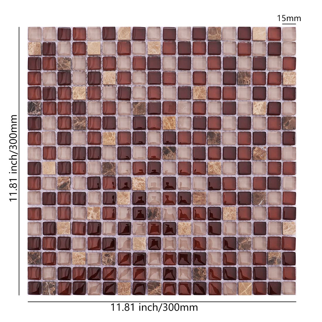 Brown glass and stone mosaic tile sheet with dimensions labeled