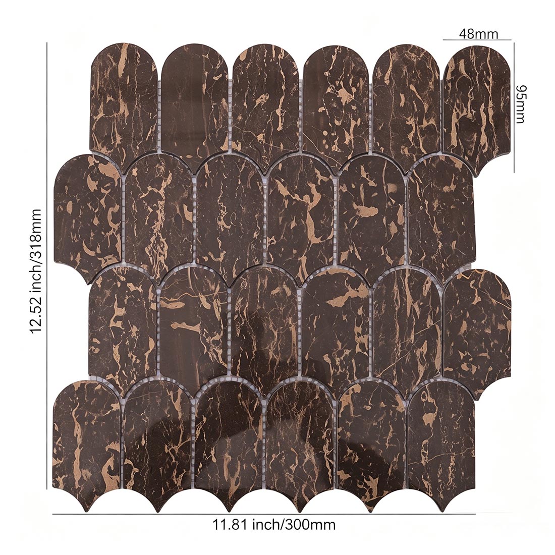 Brown and gold marble fish scale mosaic tile with dimensions sheet