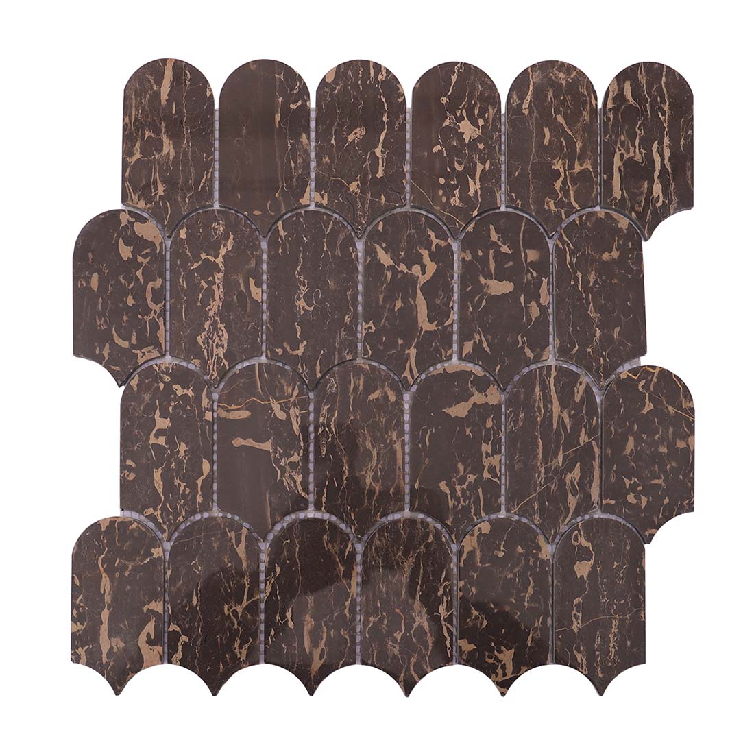 Full sheet of brown marble fish scale mosaic tile with gold veins