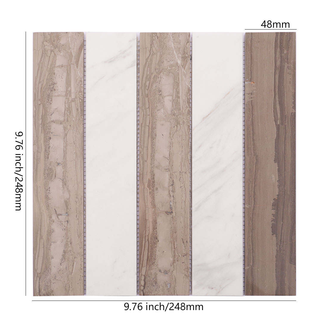 Brown taupe and white marble linear mosaic tile sheet with 48mm strip detail.