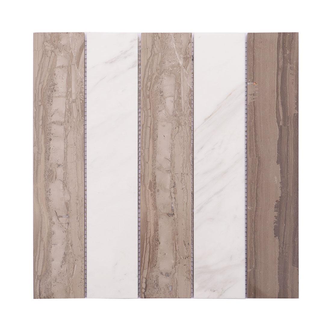 Brown taupe and white long strip marble mosaic tile full sheet display.