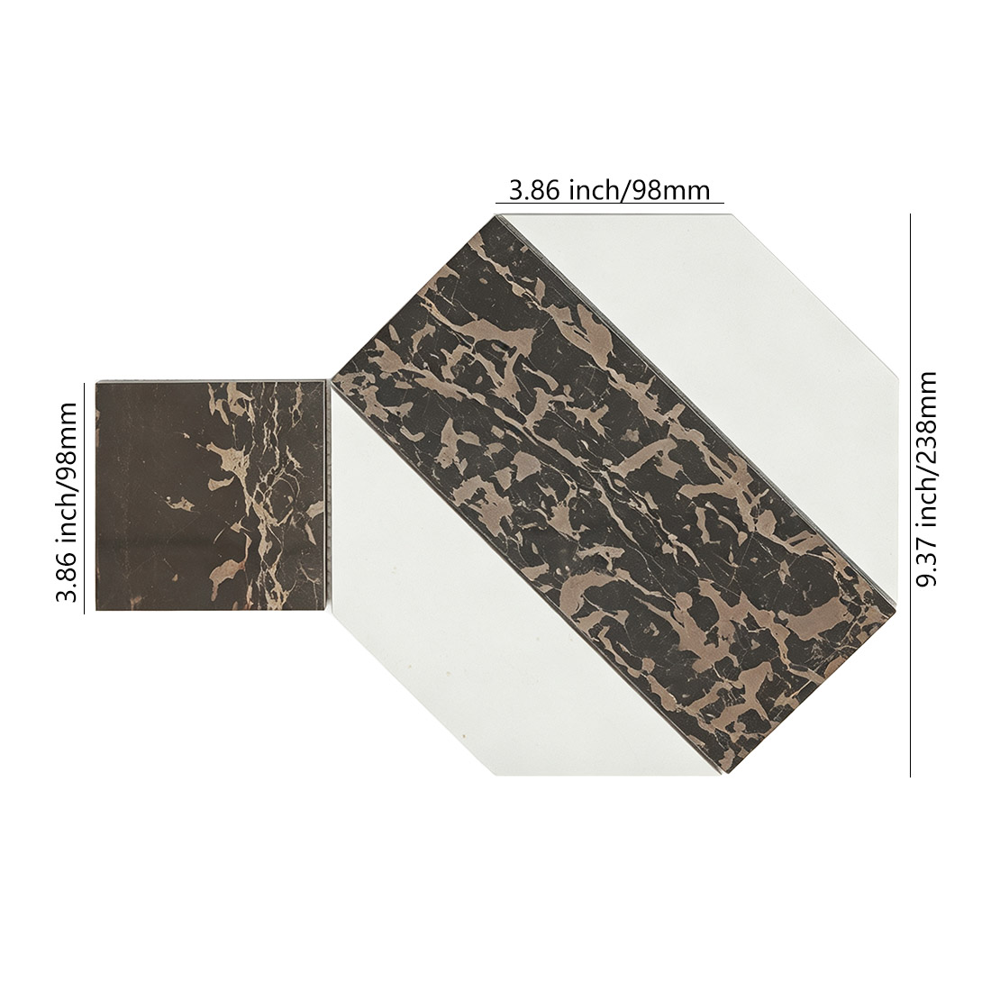 Brown and white geometric marble mosaic tile with size dimensions