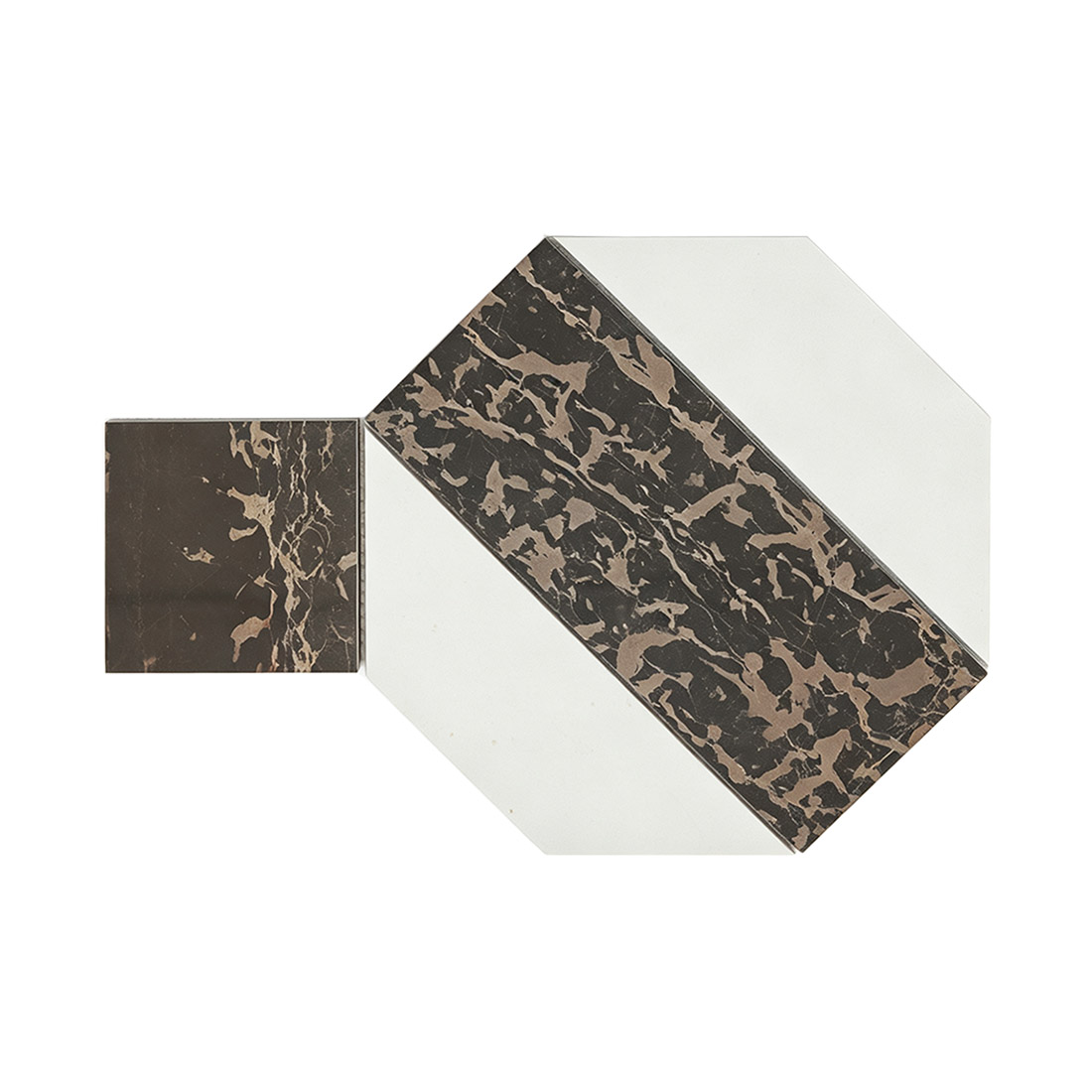 Brown and white geometric marble mosaic tile sheet on a white background