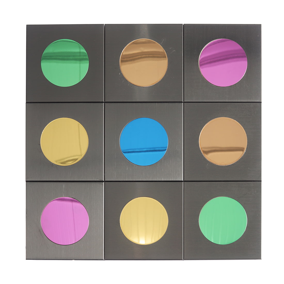 Black square metal mosaic sheet with green blue pink and gold round details