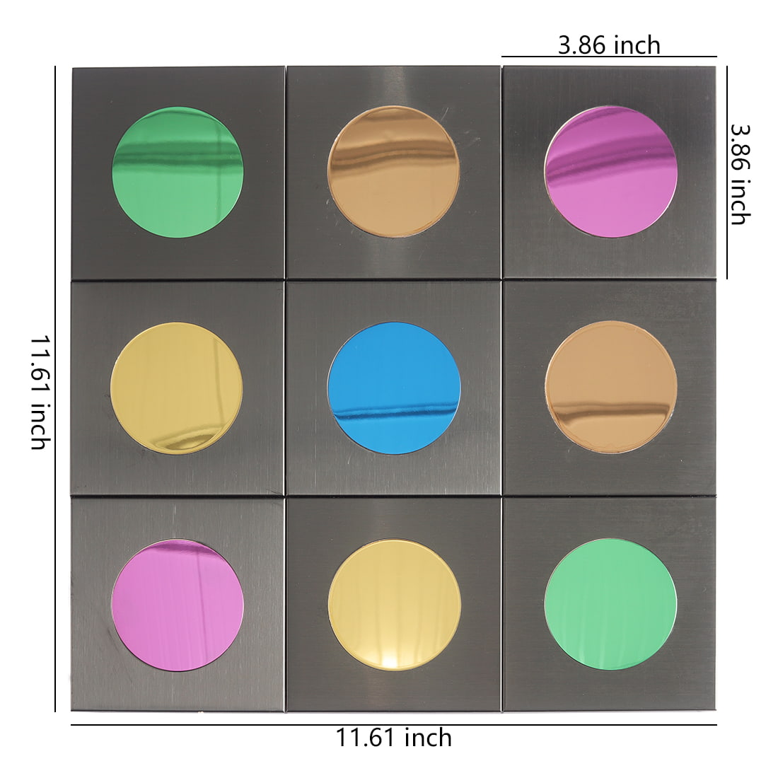 Brushed black square mosaic tile with colorful reflective circle inserts