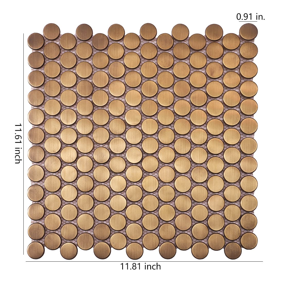 Brushed brass penny round metal mosaic tile sheet with size details