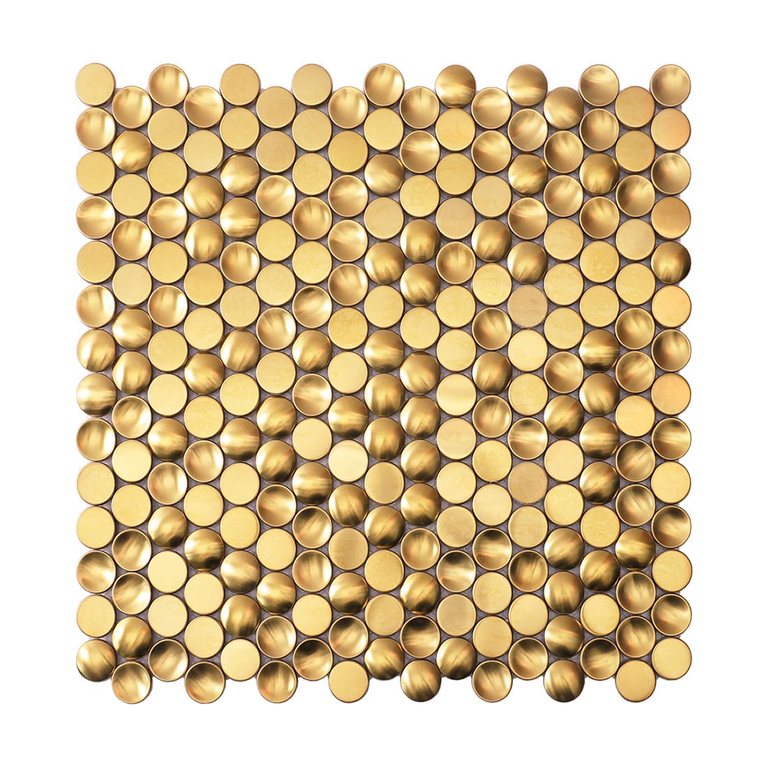 Front view of brushed gold circular stainless steel mosaic tile.