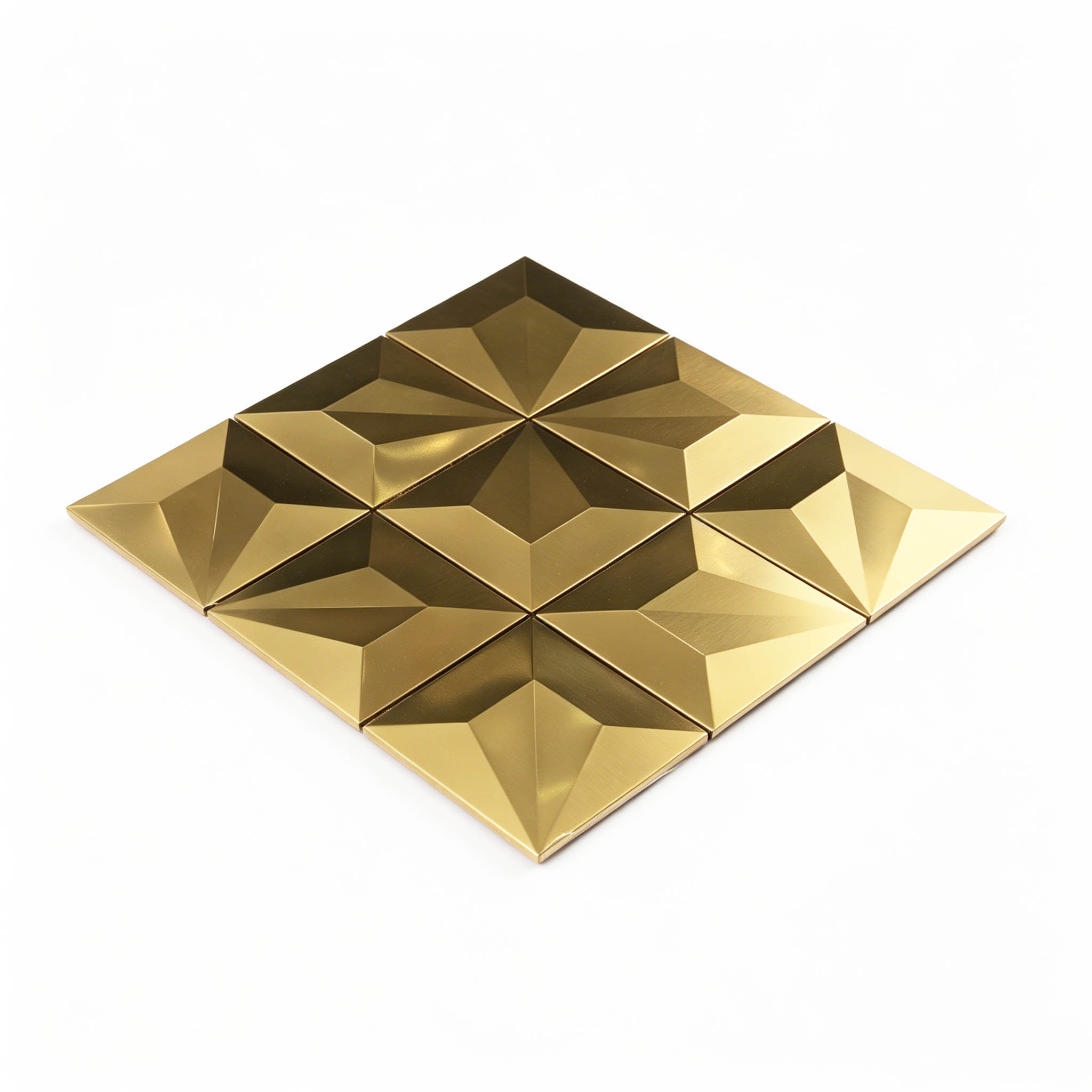 Angled sheet view of brushed gold pyramid square stainless steel mosaic