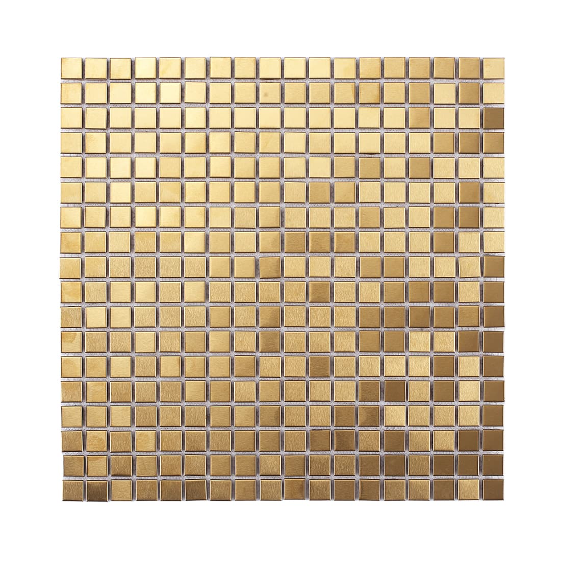 A full top-down view of a square sheet of brushed gold metallic mosaic tiles.