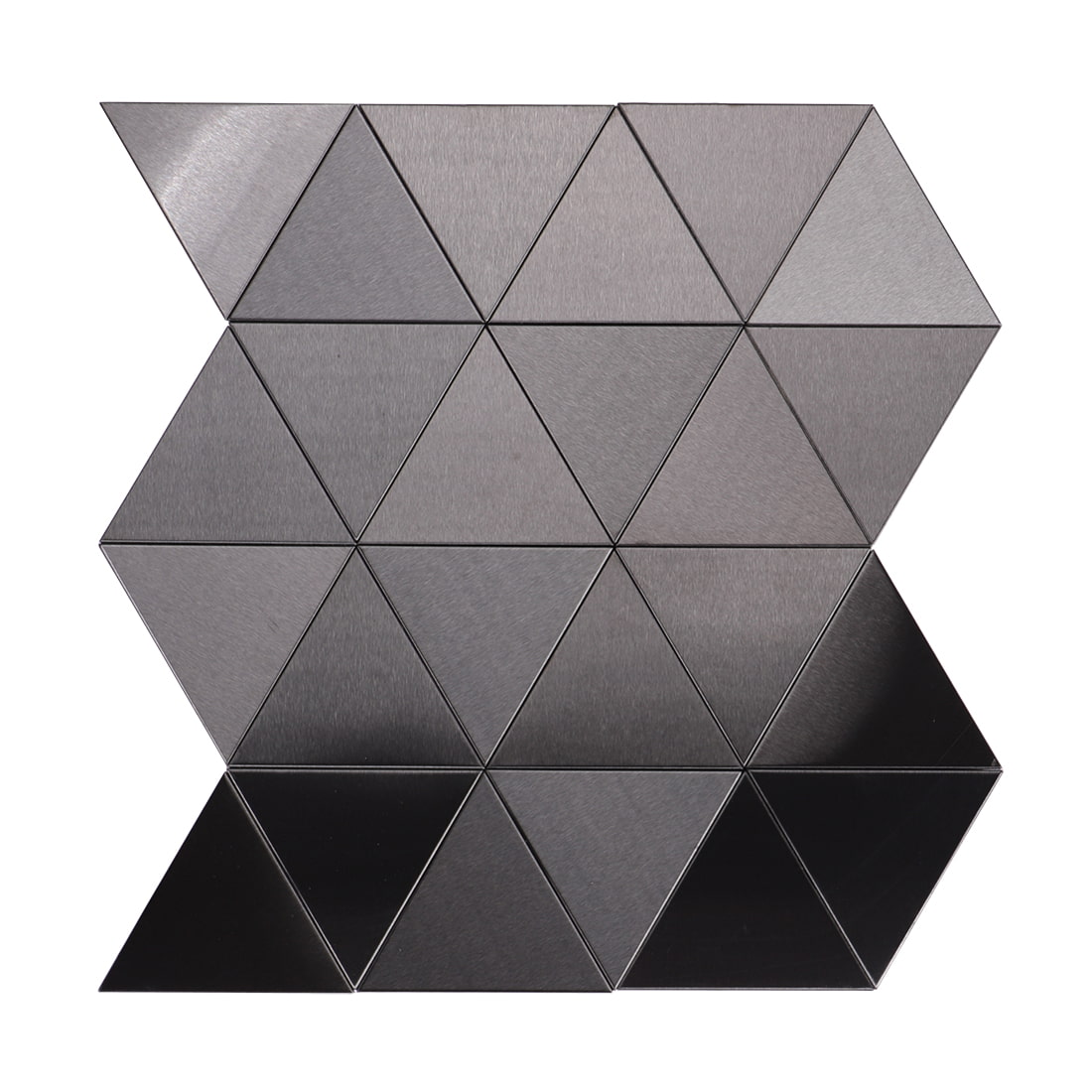 A sheet of interlocking triangular tiles with a gray brushed metal finish.