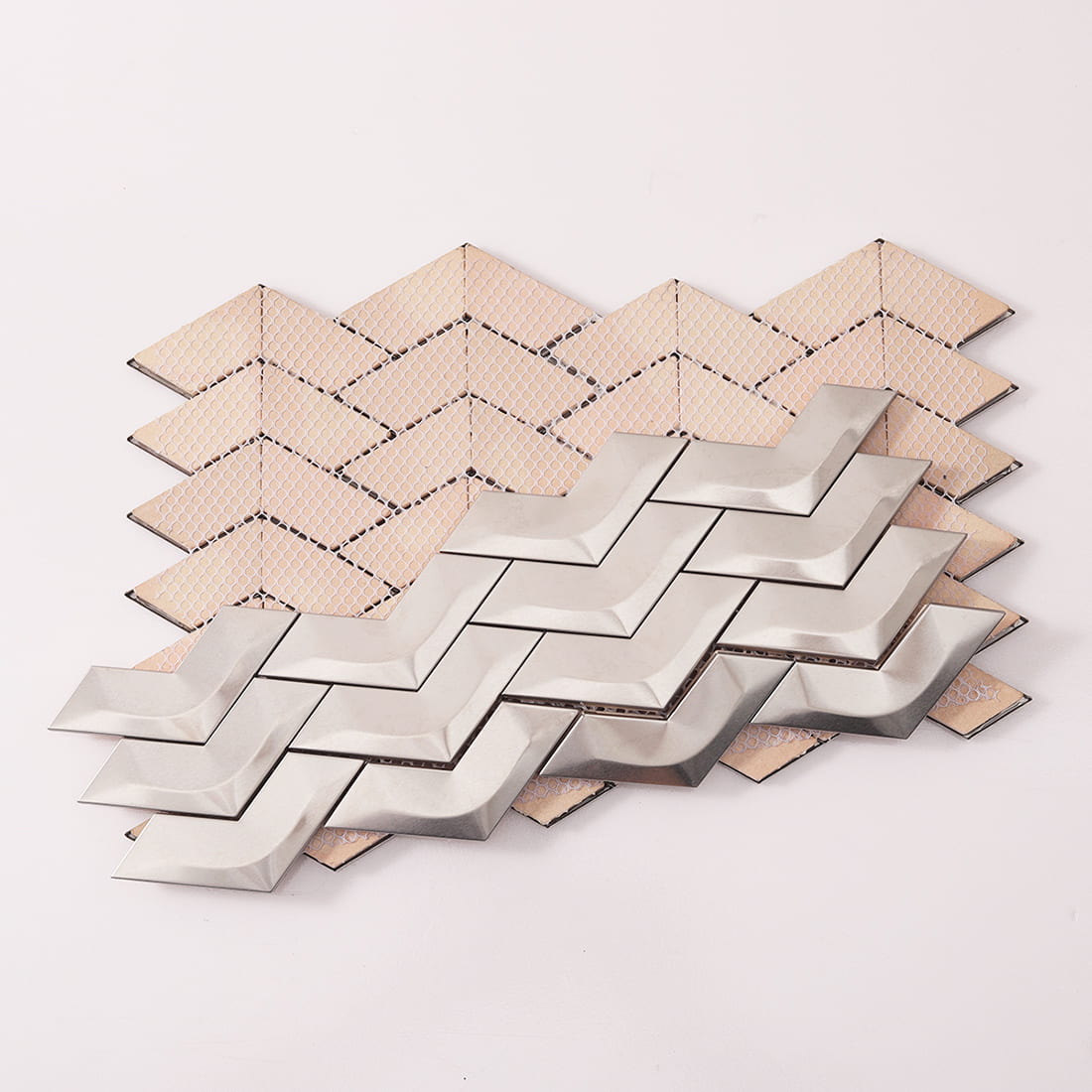 Brushed silver chevron stainless steel mosaic tile with mesh backing