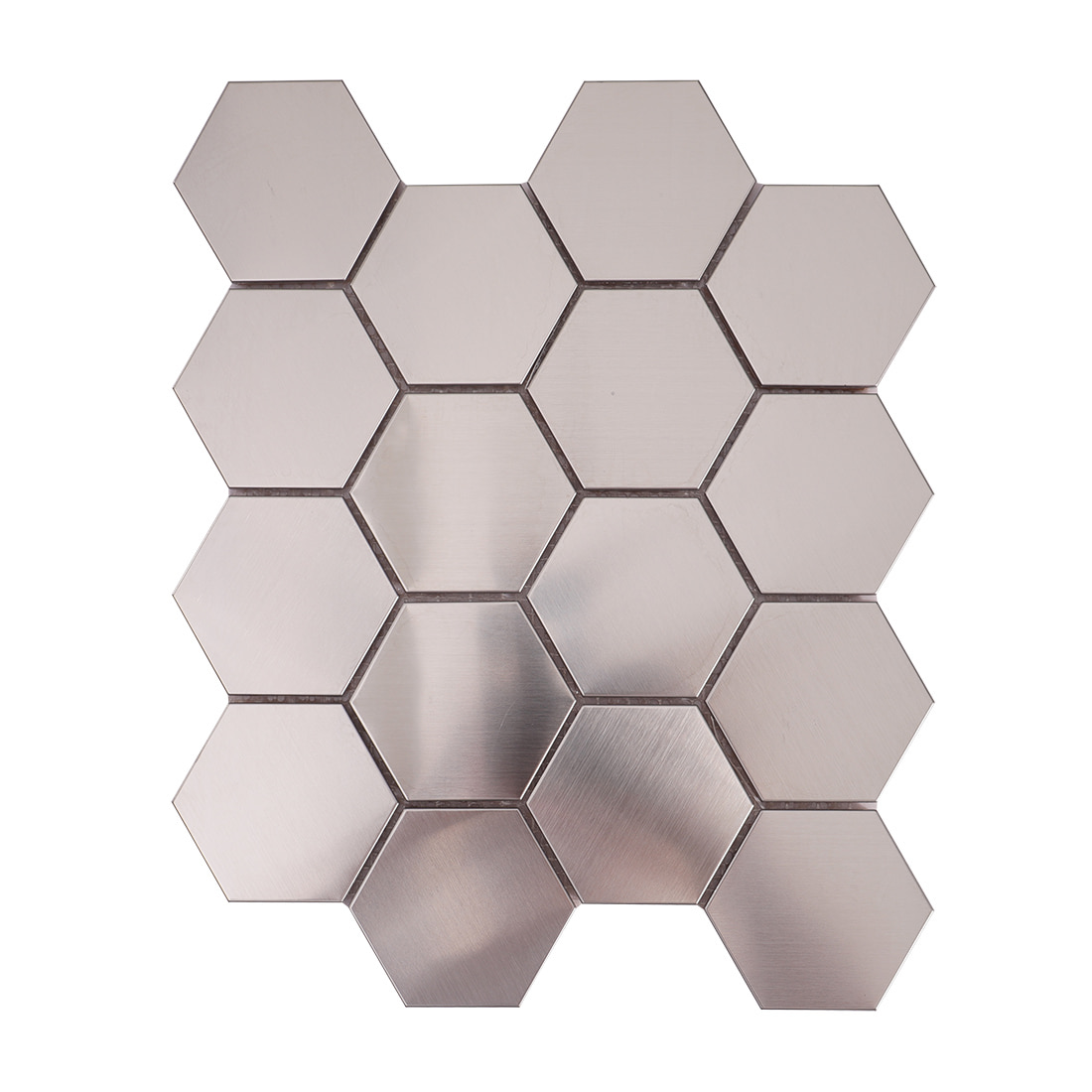 A full top-down view of a sheet of brushed metallic silver hexagon-shaped tiles.