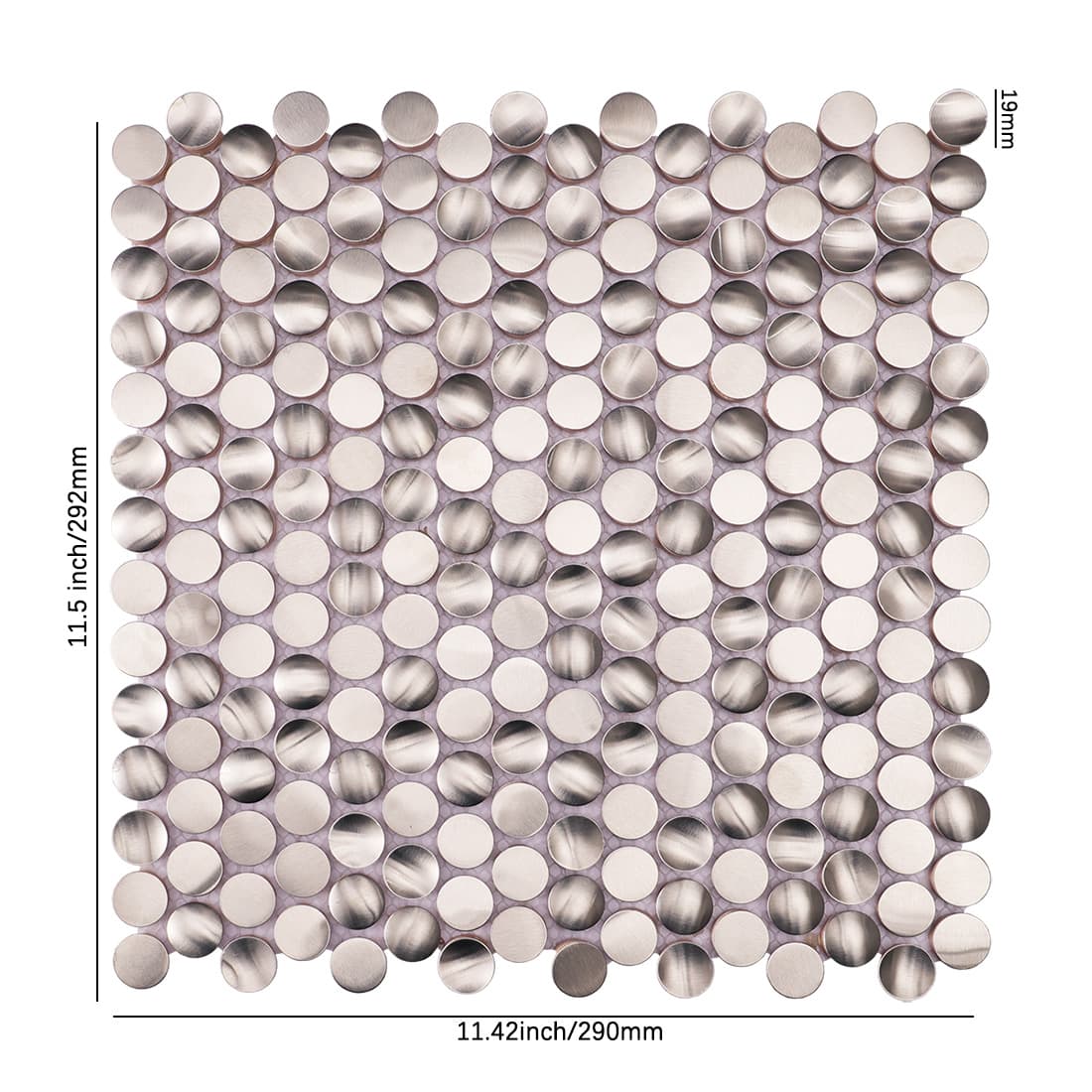 Brushed silver round stainless steel mosaic tile sheet with 19mm pieces