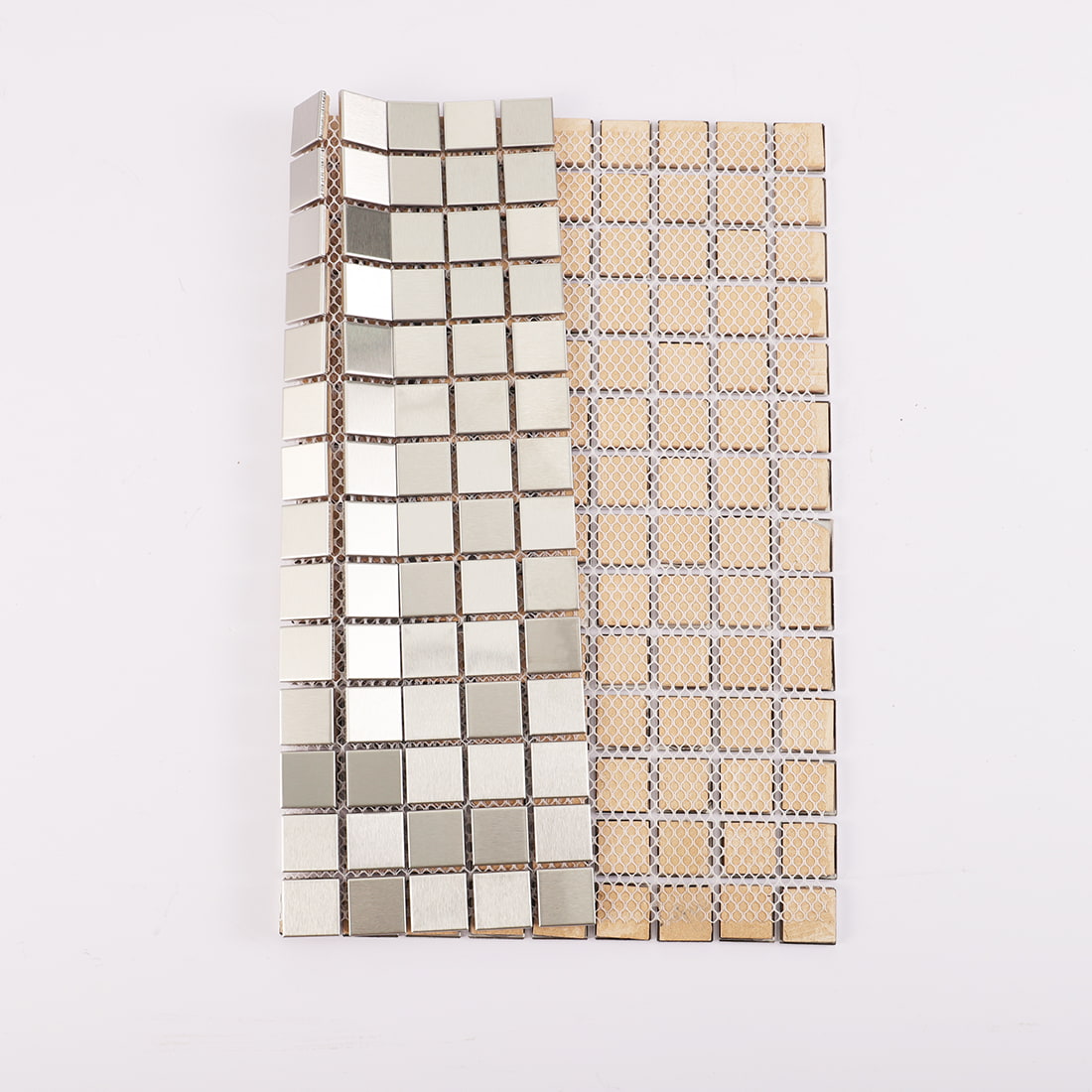 Back view of brushed silver square metal mosaic tile sheet