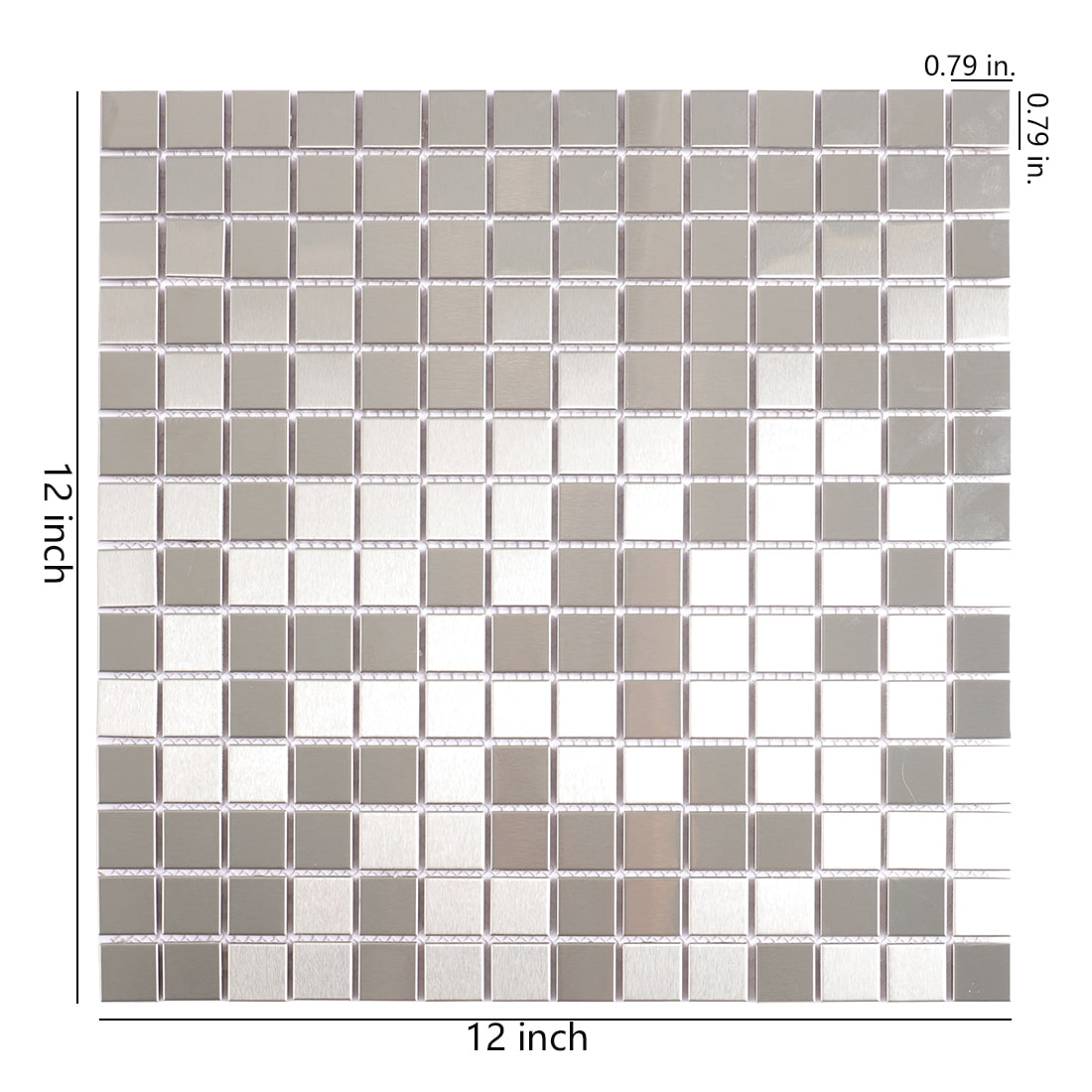 Brushed silver square metal mosaic tile sheet with size details