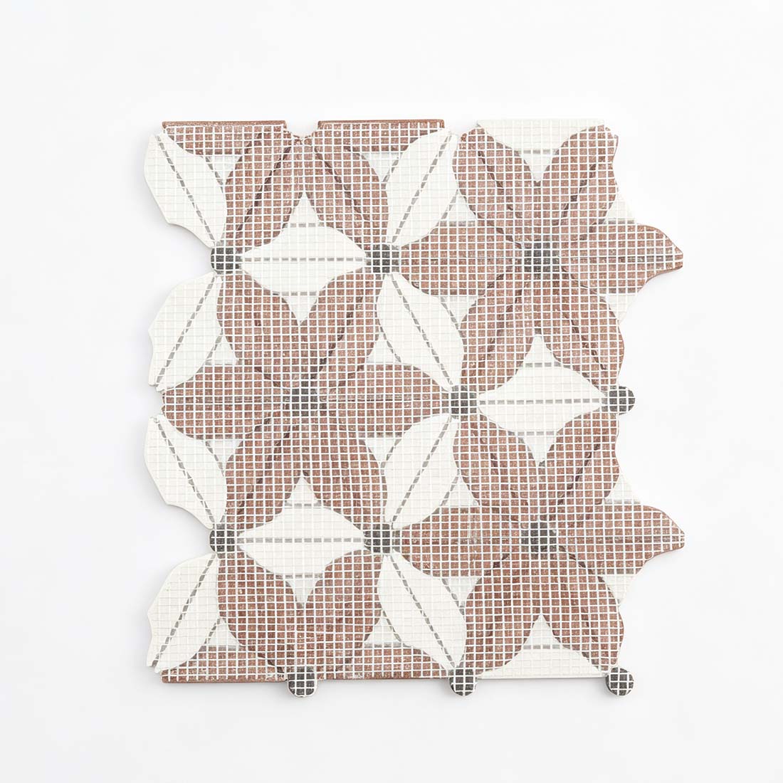 Reverse view of burgundy and ivory botanical marble mosaic tile with mesh backing
