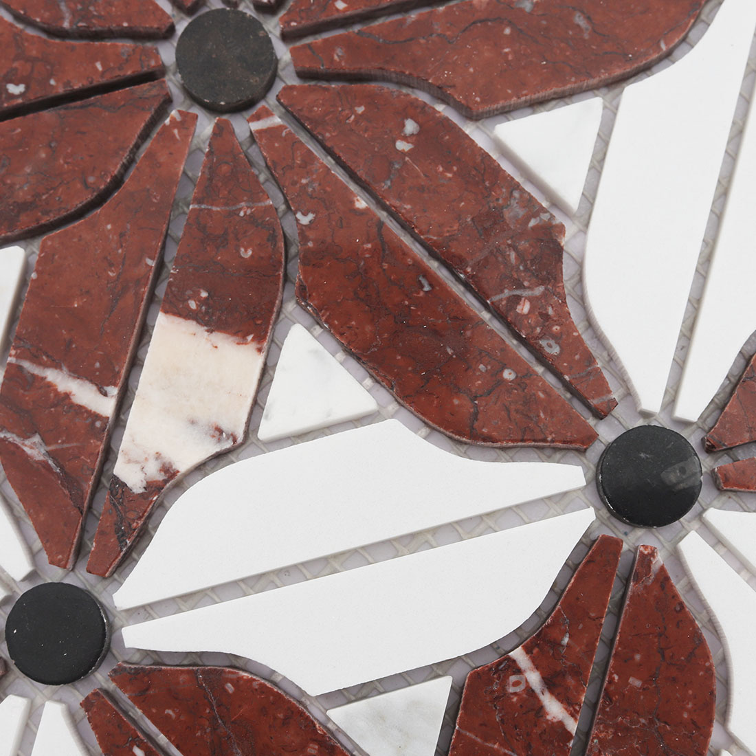 Burgundy and ivory flower marble mosaic pattern with round dark stone centers