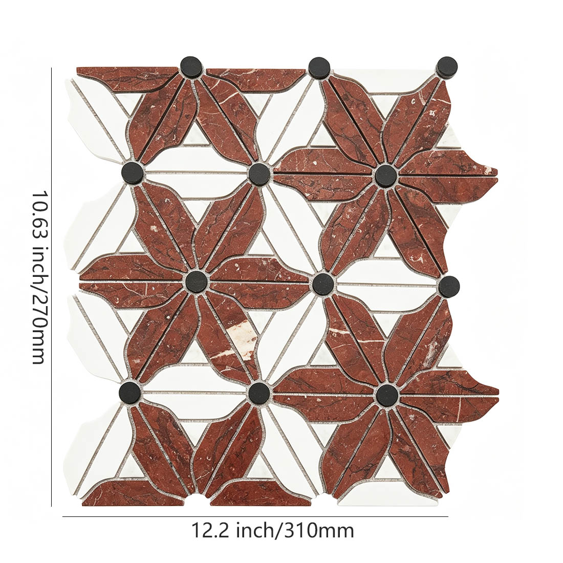 Burgundy floral marble mosaic with ivory petals, dark centers, and dimensions