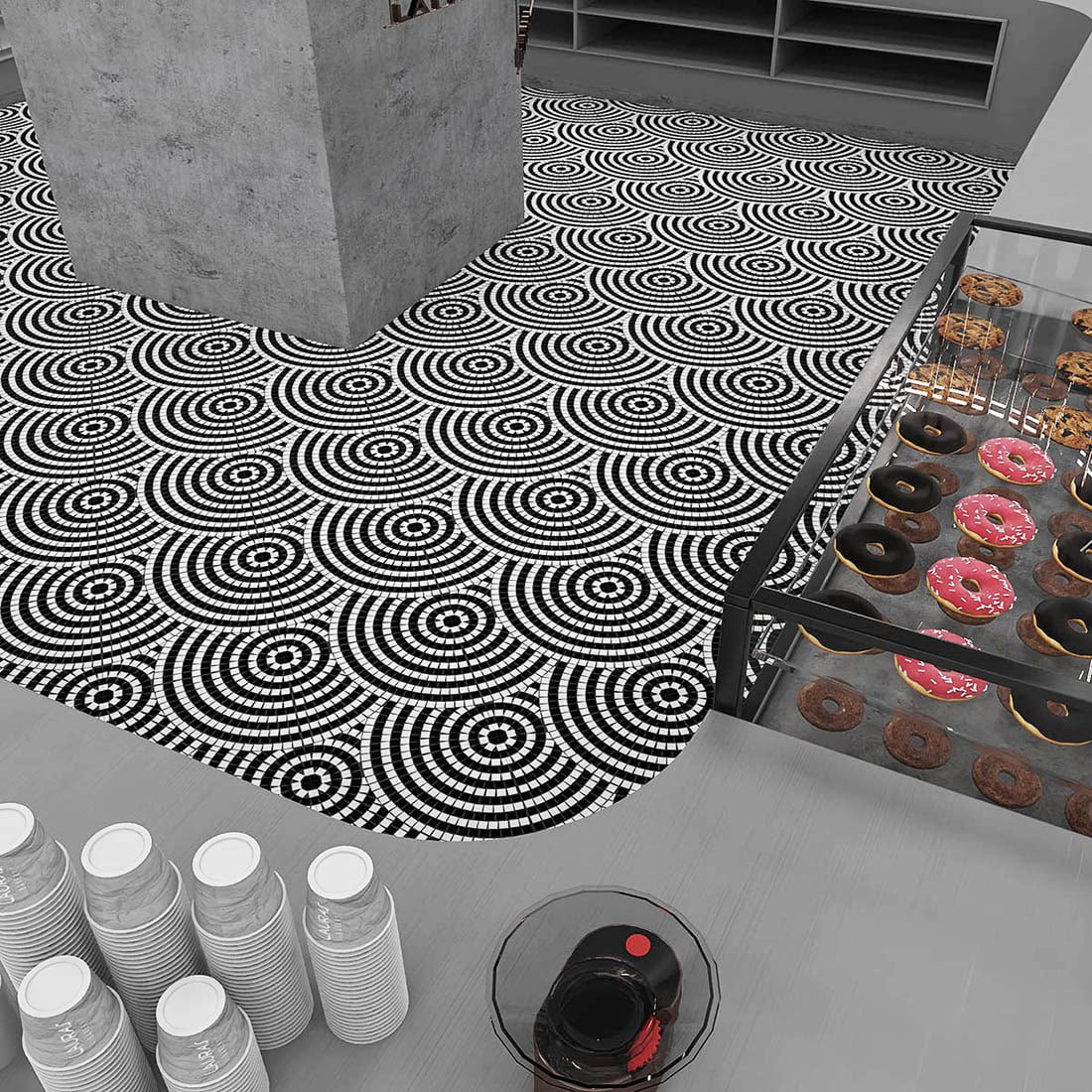 Modern cafe interior with black and white fan pattern glass mosaic tile floor and minimalist decor