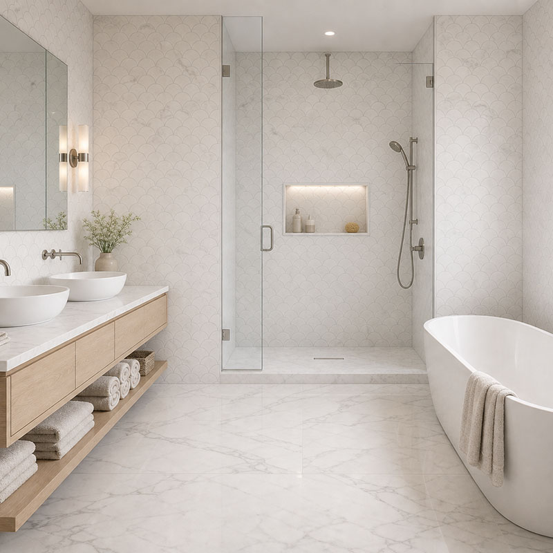 Carrara fish scale marble tile bathroom with shower, vanity and bathtub