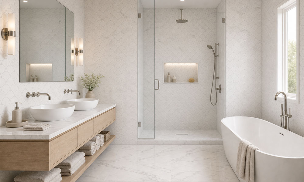 Luxury bathroom with Carrara marble fish scale wall tile and marble floor tile