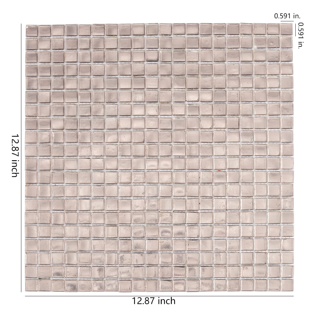 Champagne square glass mosaic tile sheet with product size details