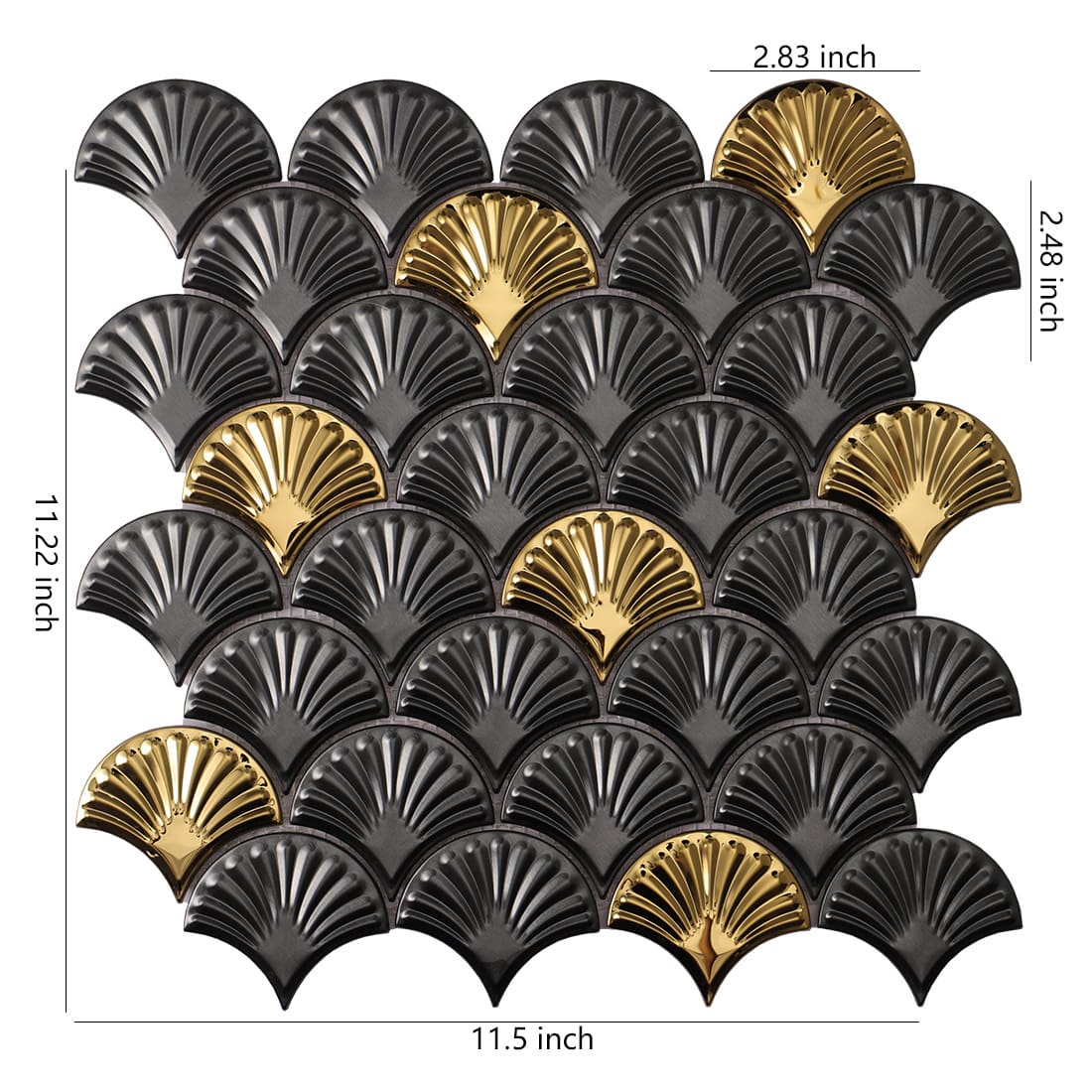 11.5 by 11.22 inch charcoal and gold fan shaped ribbed mosaic tile sheet.