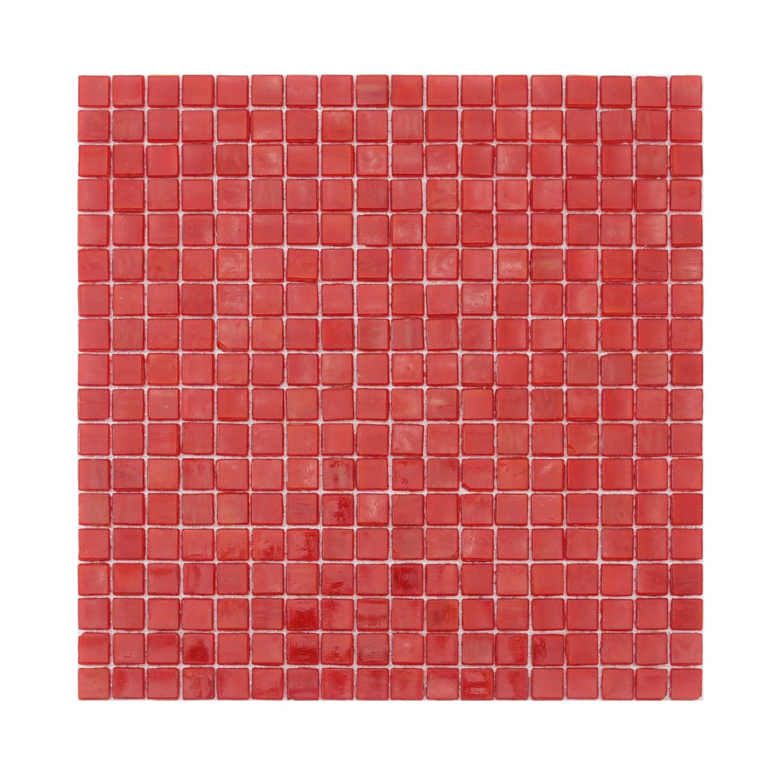 Full sheet of cherry red square glass mosaic tile on a light background