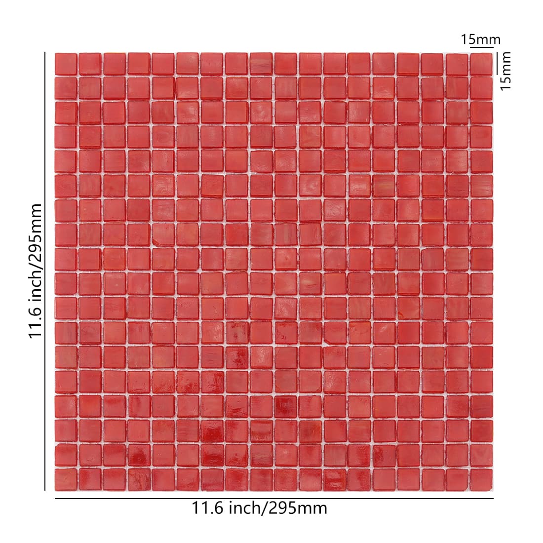 Cherry red square glass mosaic tile sheet with full front view and size details