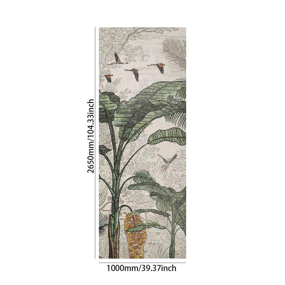 Full view of a handmade Chinese banana tree mosaic wall mural featuring birds and lush foliage.
