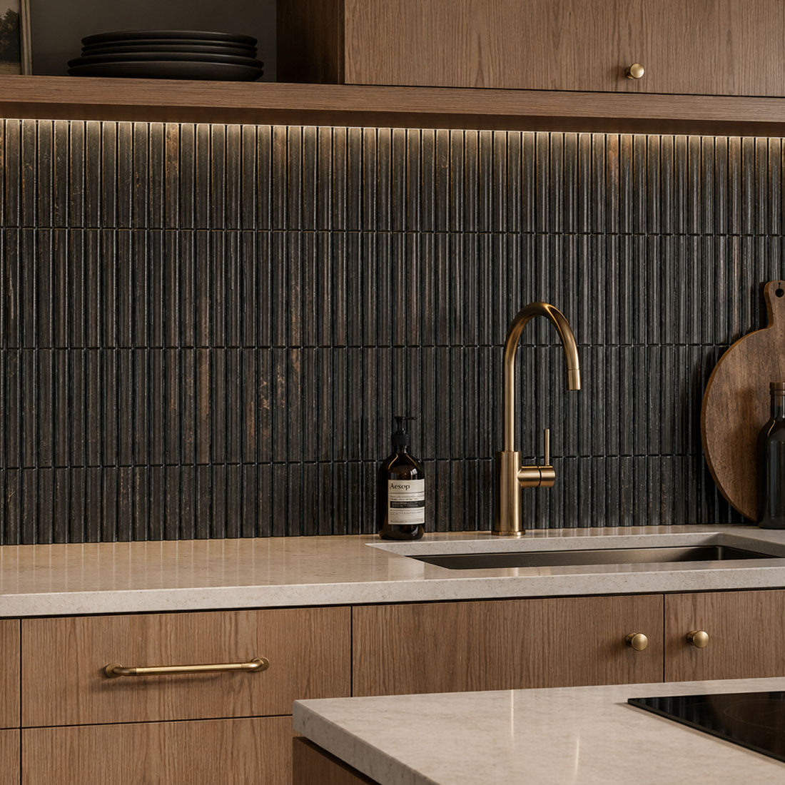 Chocolate brown fluted natural stone kitchen backsplash with warm wood cabinets