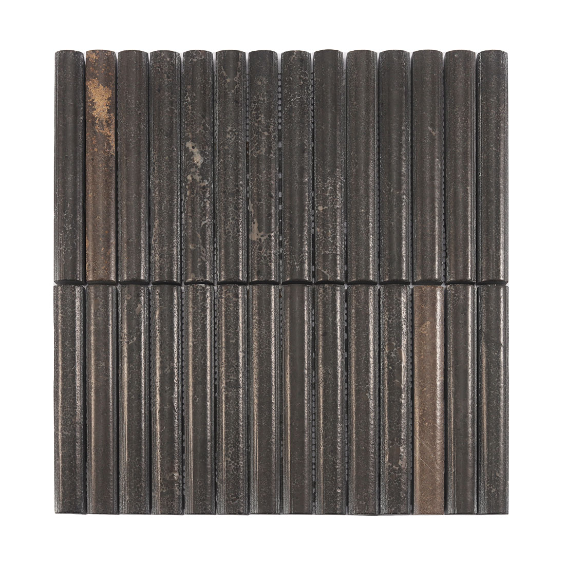 Chocolate brown ribbed natural stone tile sheet with warm mottled texture