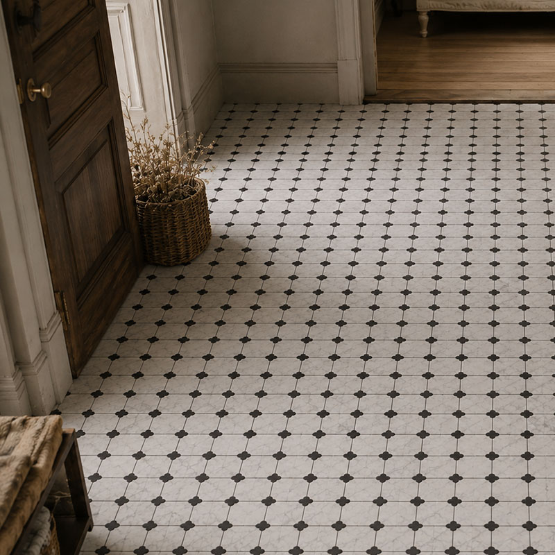 Classic white marble vintage floor tile with black dot pattern in a hallway