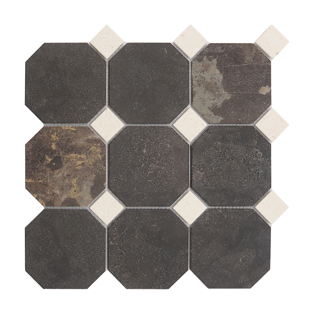 Top view of a classic geometric black brown stone mosaic with beige inserts.