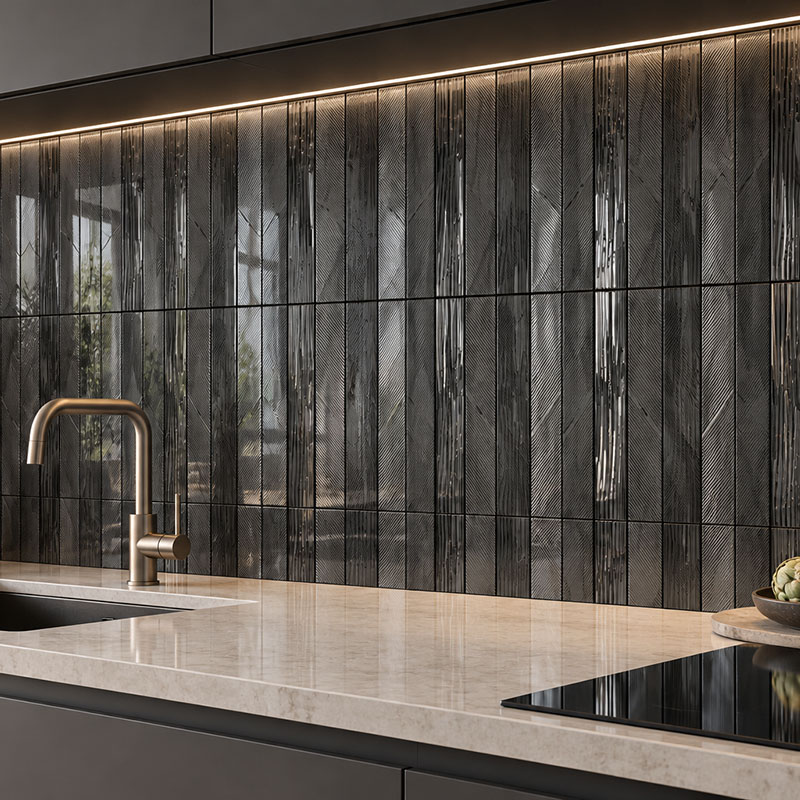 Close-up view of a black reflective metal mosaic kitchen backsplash