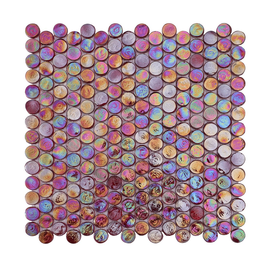 A full overhead view of a mesh-backed sheet of red and purple iridescent round glass tiles.