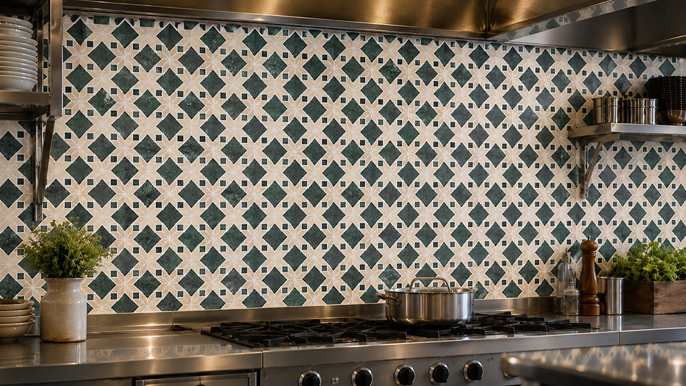 Green and cream restaurant kitchen tile backsplash behind commercial stove
