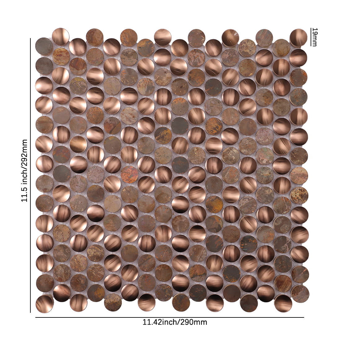 Copper and rustic round metal mosaic tile sheet with 19mm penny pieces