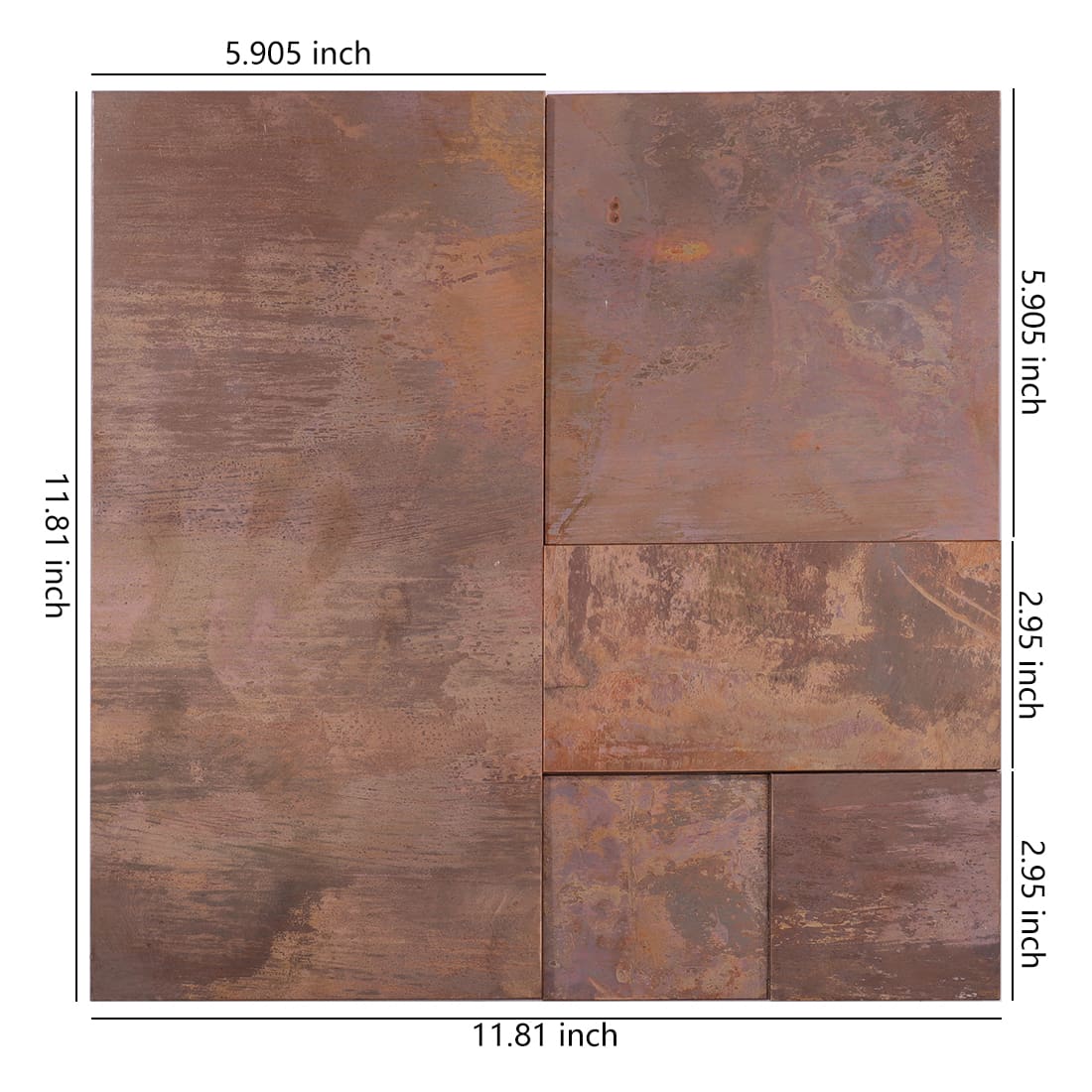 Copper brown mixed size metal mosaic tile sheet with dimensional layout