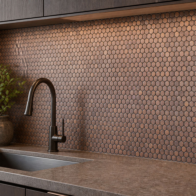 Copper penny tile backsplash behind kitchen sink with dark cabinets