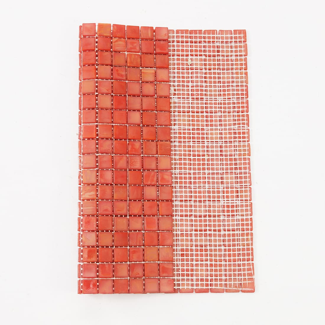 Mesh backing view of coral red square glass mosaic tile sheet