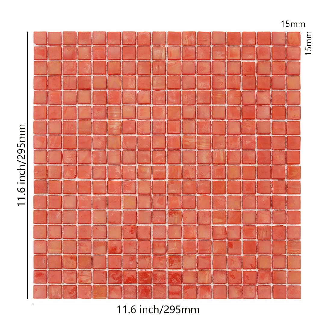 Coral red square glass mosaic sheet with size details on white background