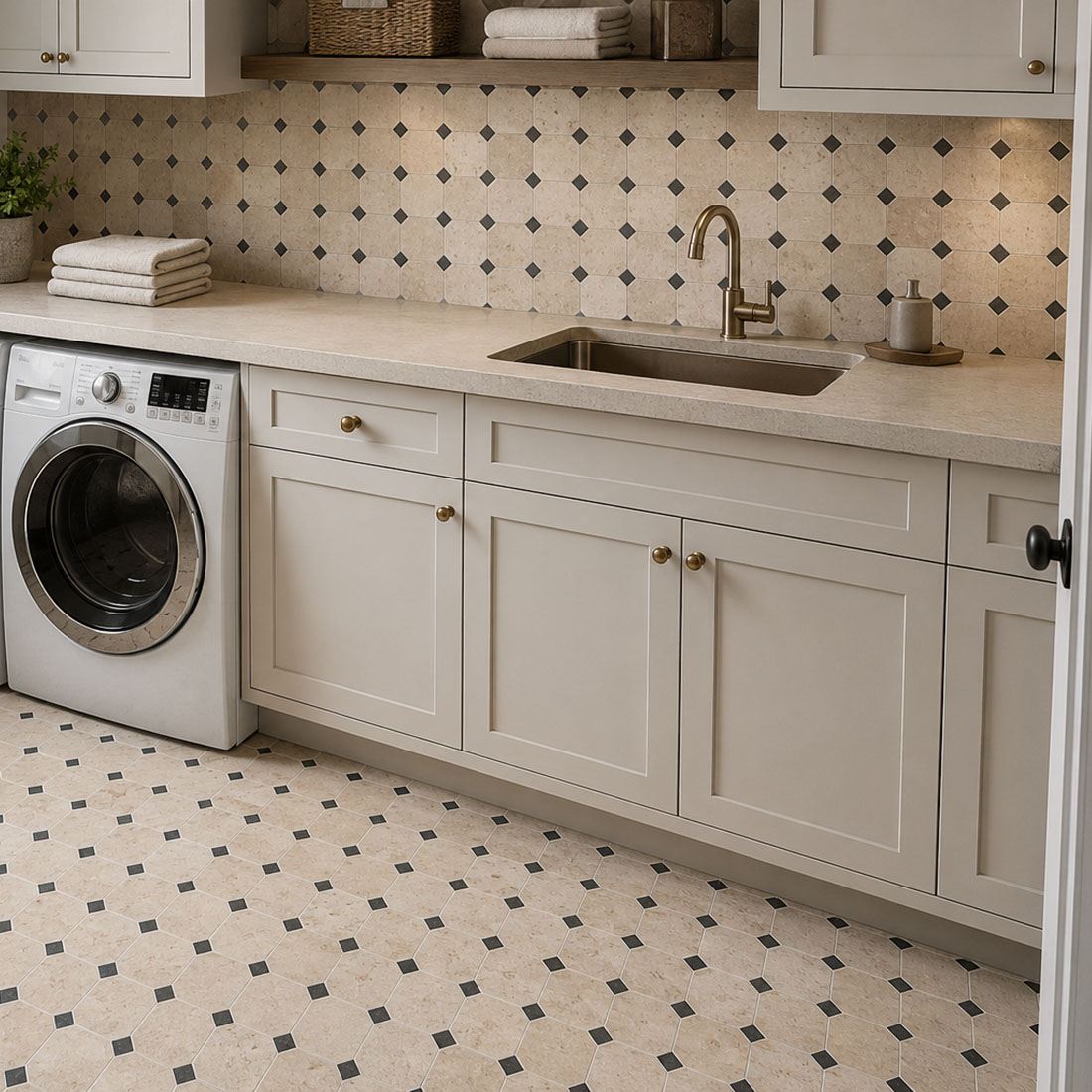 Laundry room design with cream black octagon marble floor backsplash.