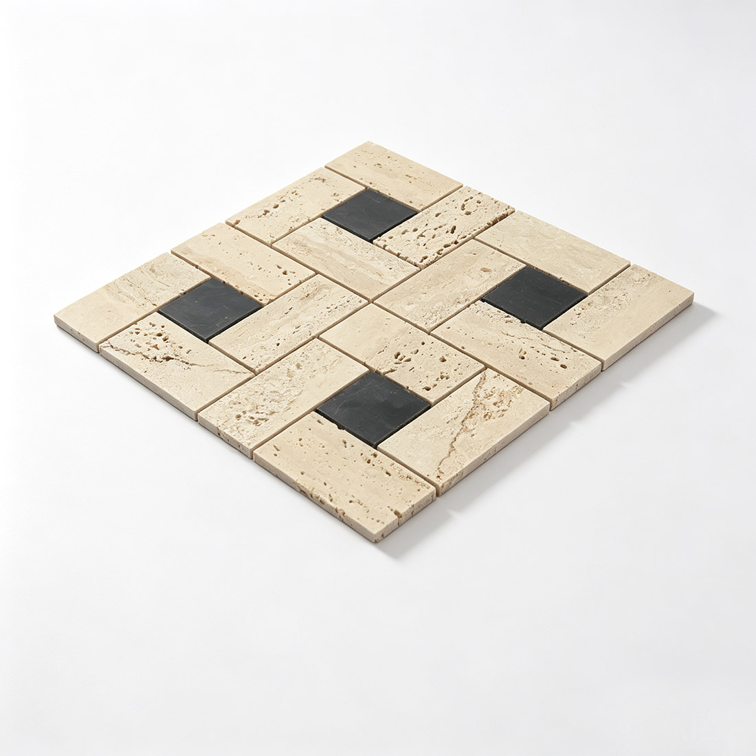 Perspective view of a cream travertine mosaic sheet with black square stone accents