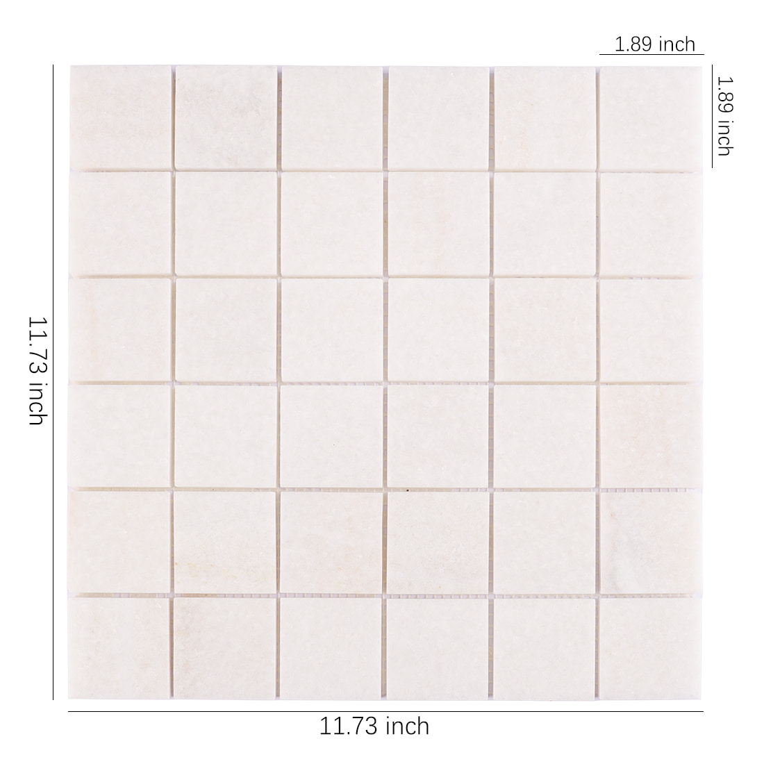 Cream square marble mosaic tile sheet with size markings
