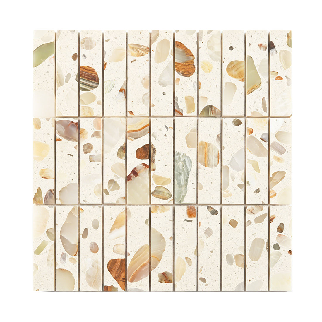 Front view of luxurious cream terrazzo mosaic tile with varied stone inserts.