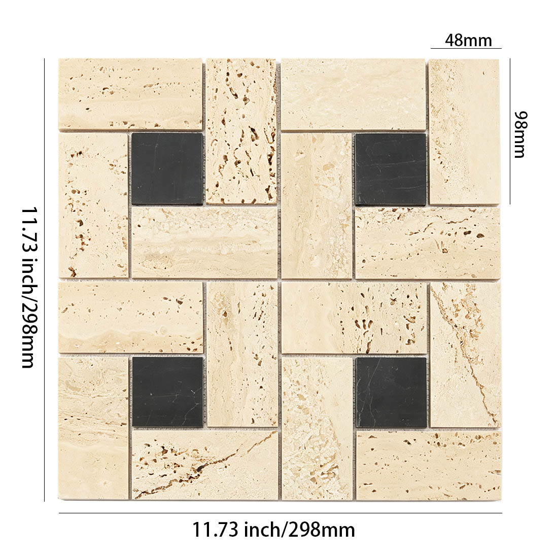 Cream travertine mosaic tile with black square accents and 11.73 inch sheet dimensions